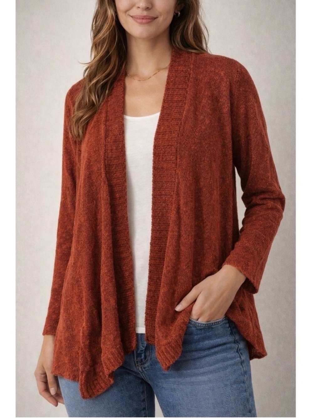 Eileen Fisher Orange Open Knit Linen Blend Cardigan Waterfall Front Petite Large